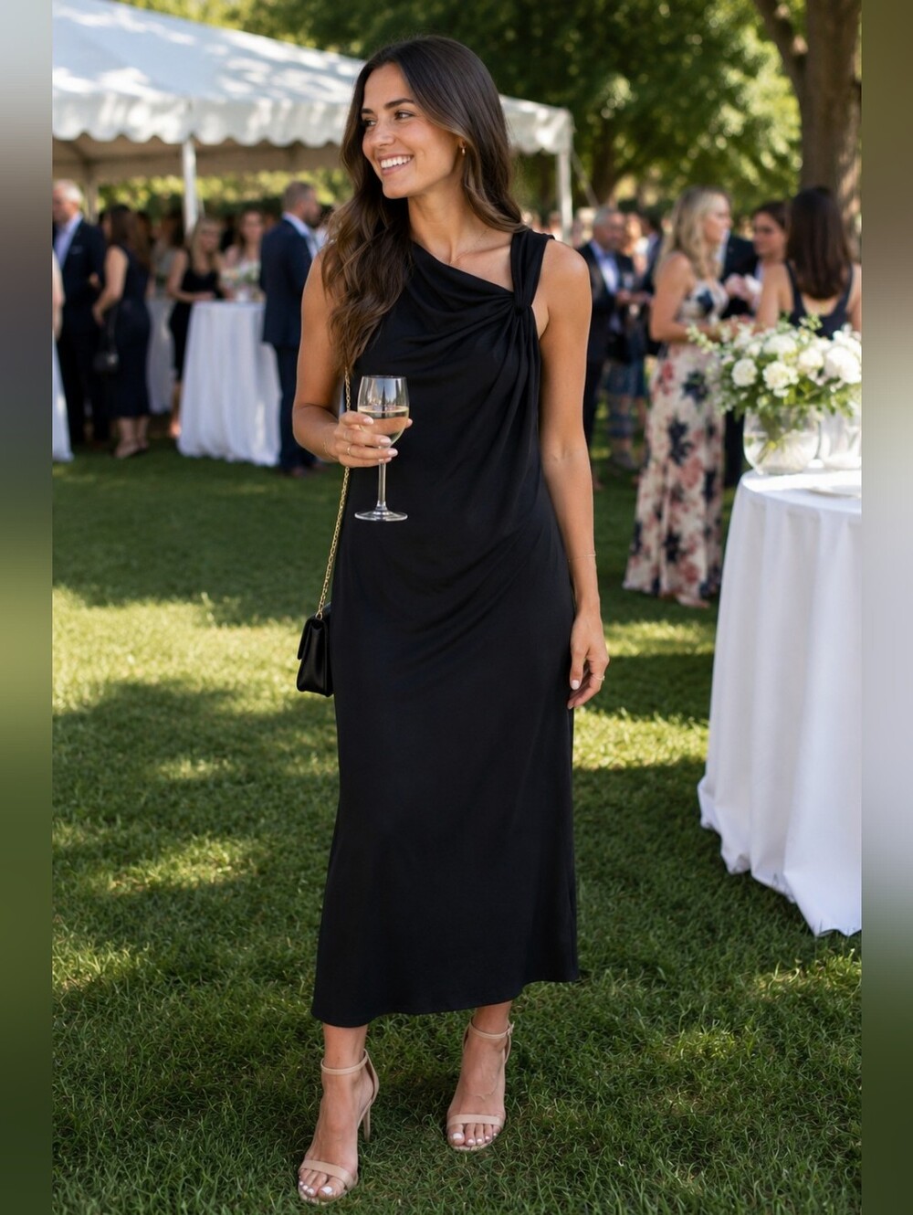 David Meister Black Sleeveless Draped Midi Dress